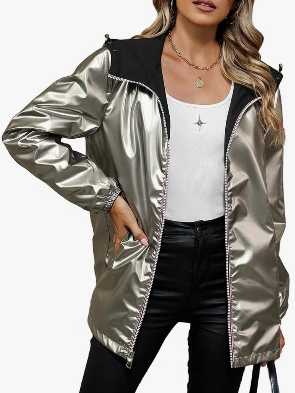 NWOT Reversible Metallic Silver and Black with Red Trim Windbreaker Moto Jacket